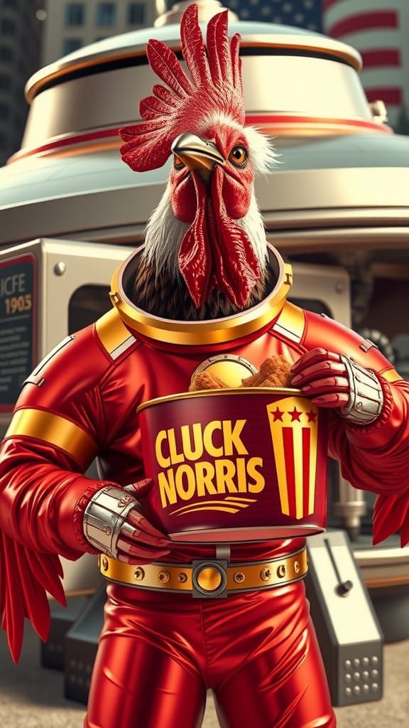 Astronaut Rooster with Chicken Bucket Spaceship