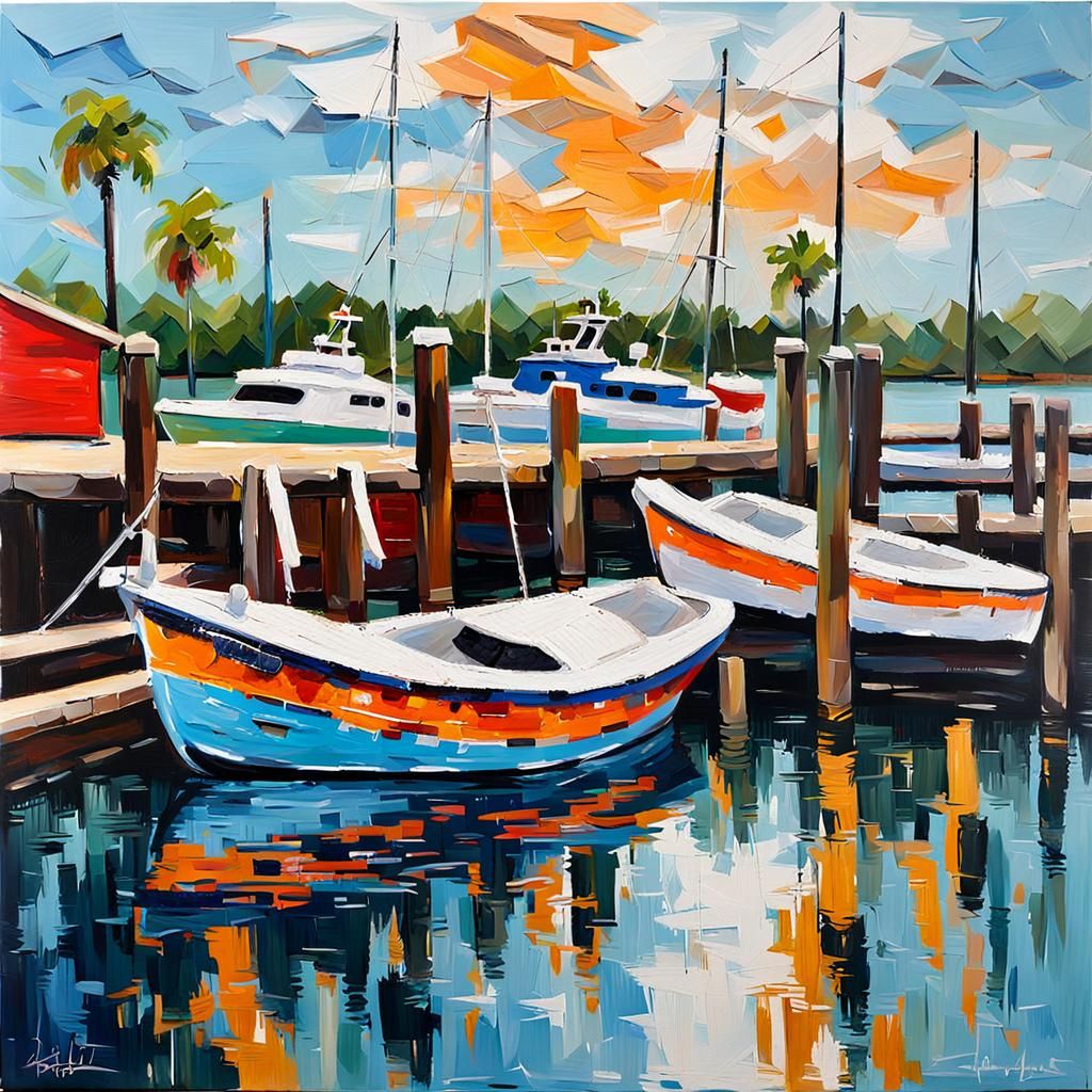 Florida Dock with Boats: Impasto Painting