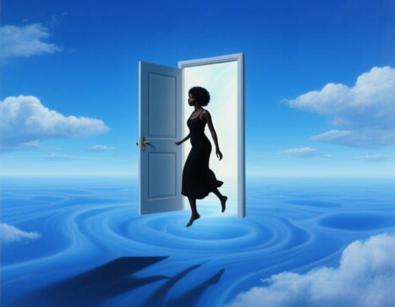 Enigmatic Woman Enters Door to Nowhere in Surreal Dreamscape