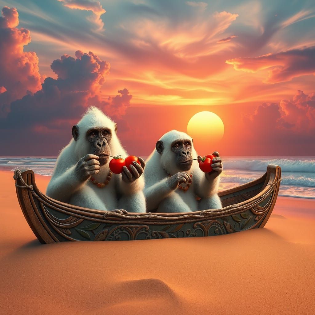 Majestic White Apes in a Serene Beach Scene