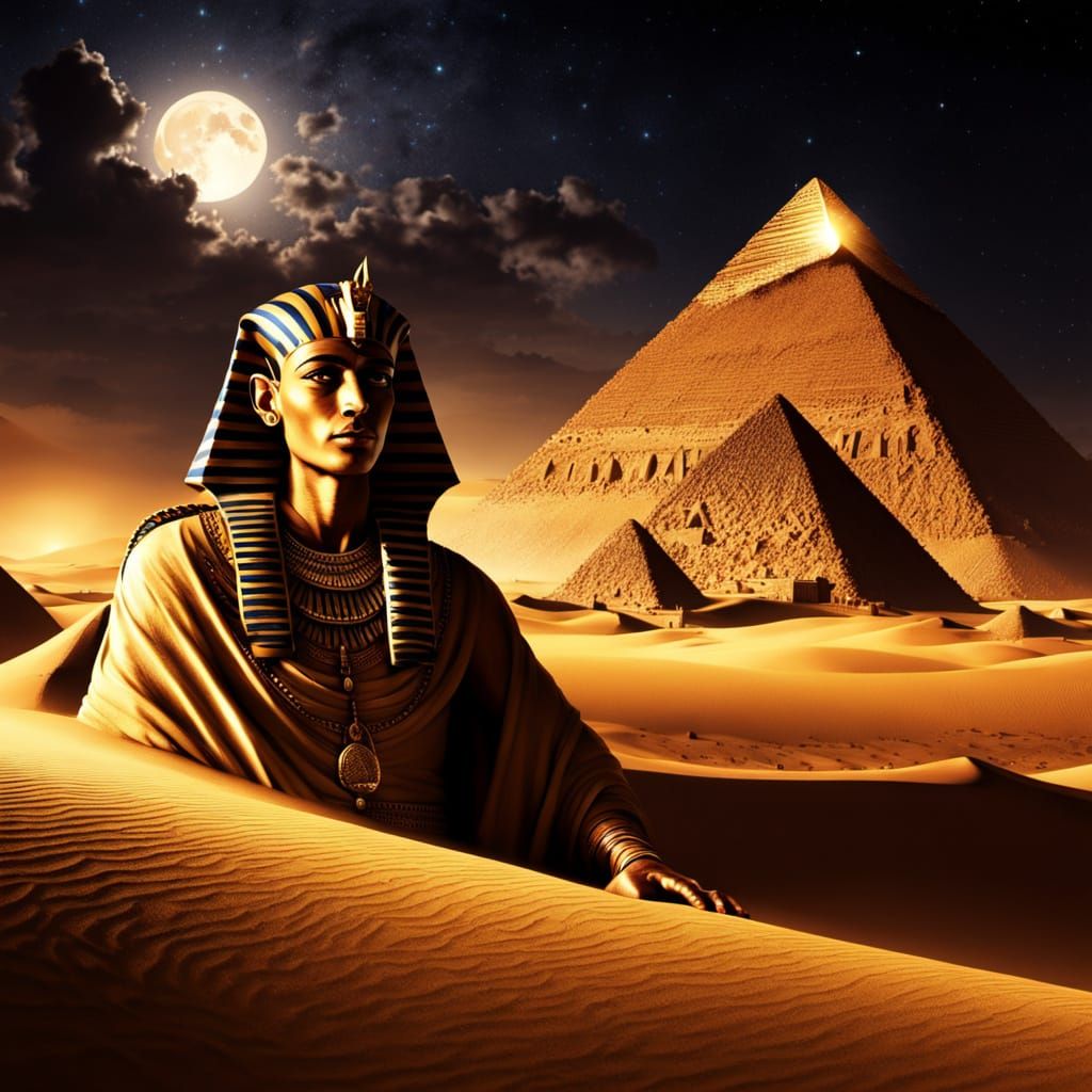 Pharaoh Visits Pyramids at Night in Dark Fantasy Style