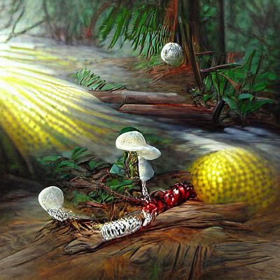 Photorealistic Sunbeam Illuminates Amanita Fern Forest