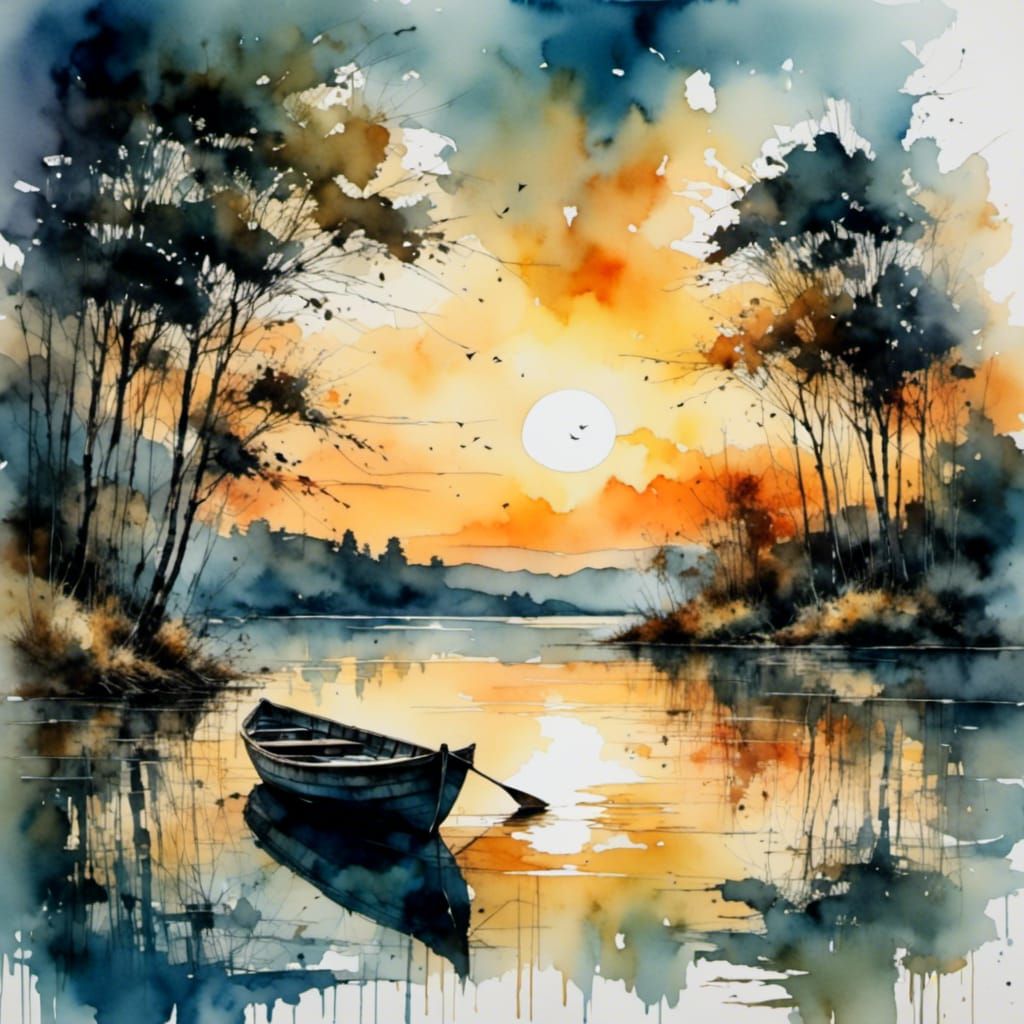 Sunset Lake Boat in Watercolor Style