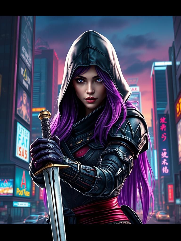Cyberpunk Assassin with Katana in Neon Cityscape