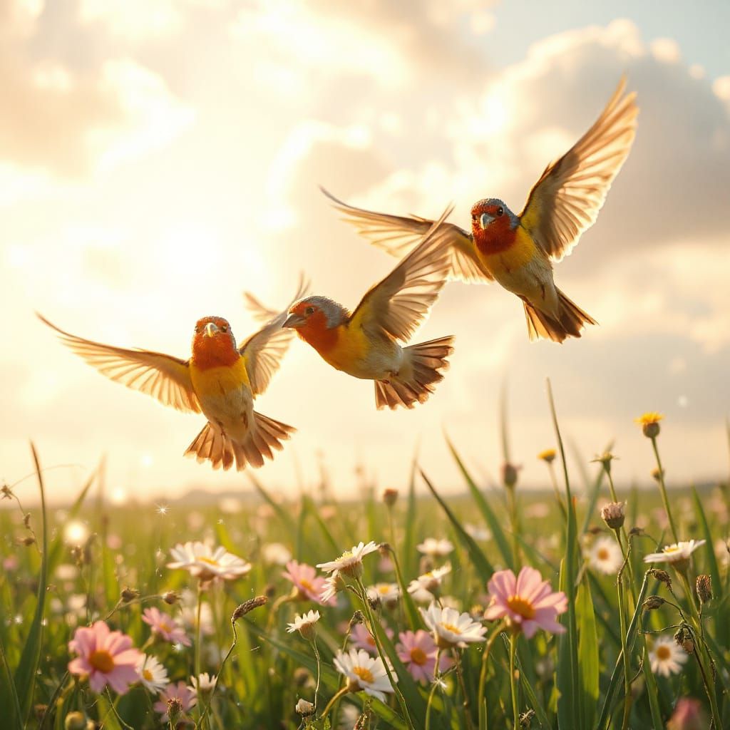 Vibrant Birds in Joyful Flight Through Sunny Skies