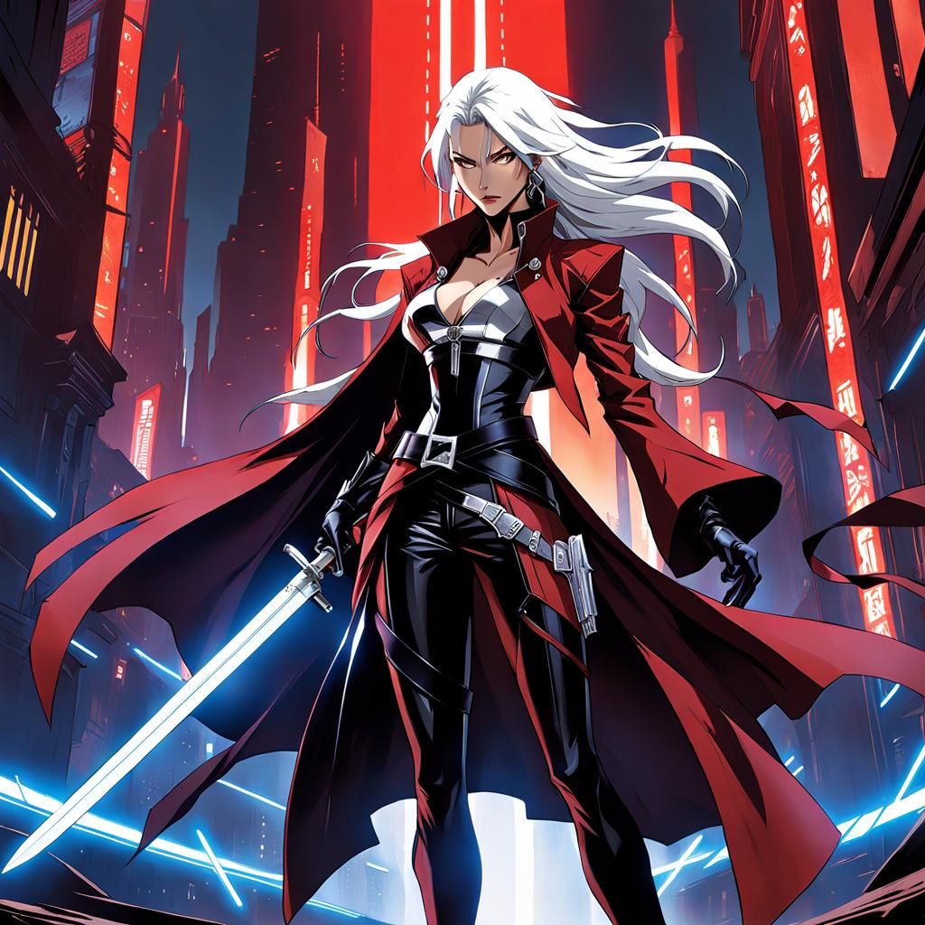 Cyberpunk Assassin with Glowing Daggers in Anime Style