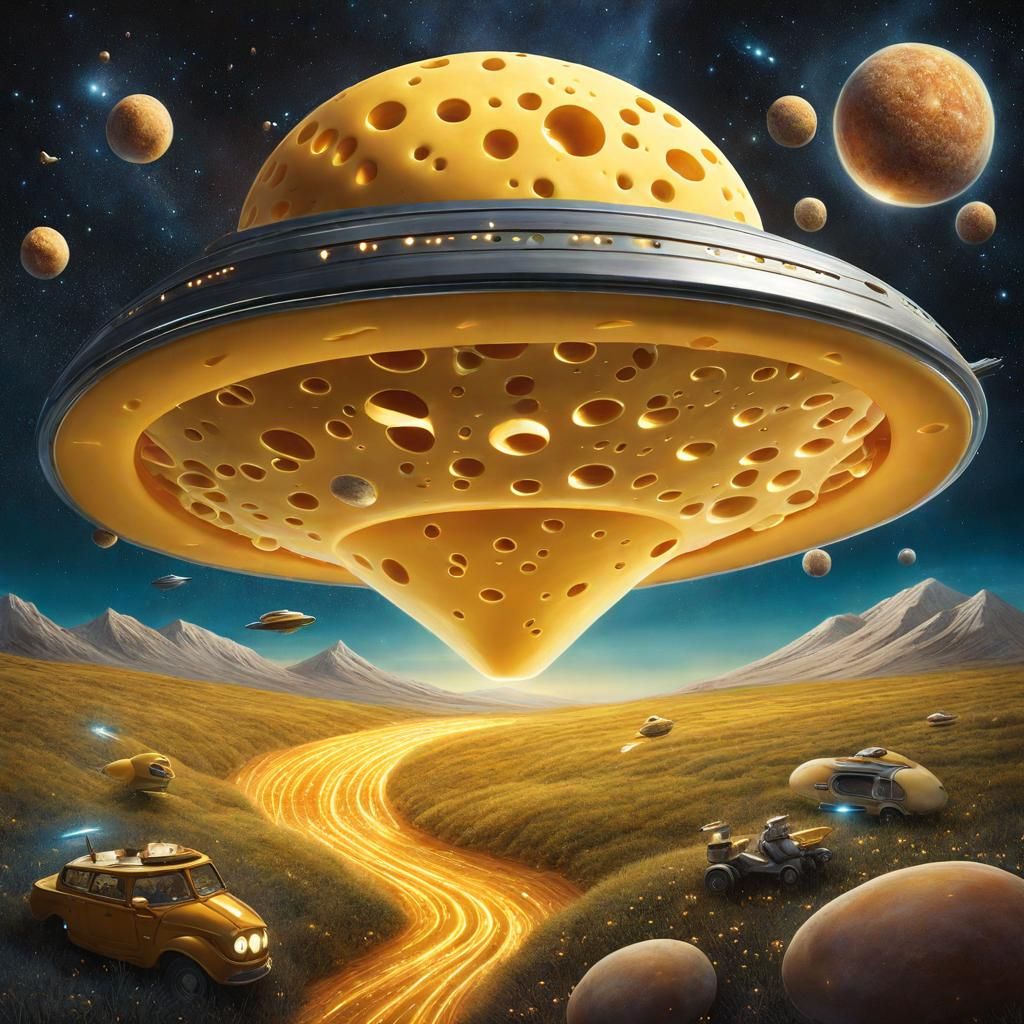 Cheese Spaceship Navigates Cheesy Cosmos in Detailed Paintin...