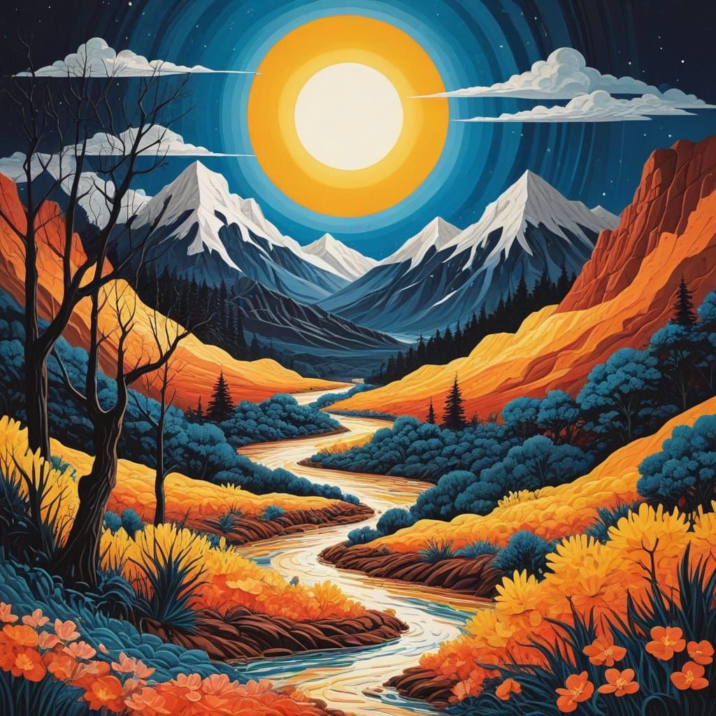 Dual Landscape Art: Sunny Day Meets Night in Textured Paper