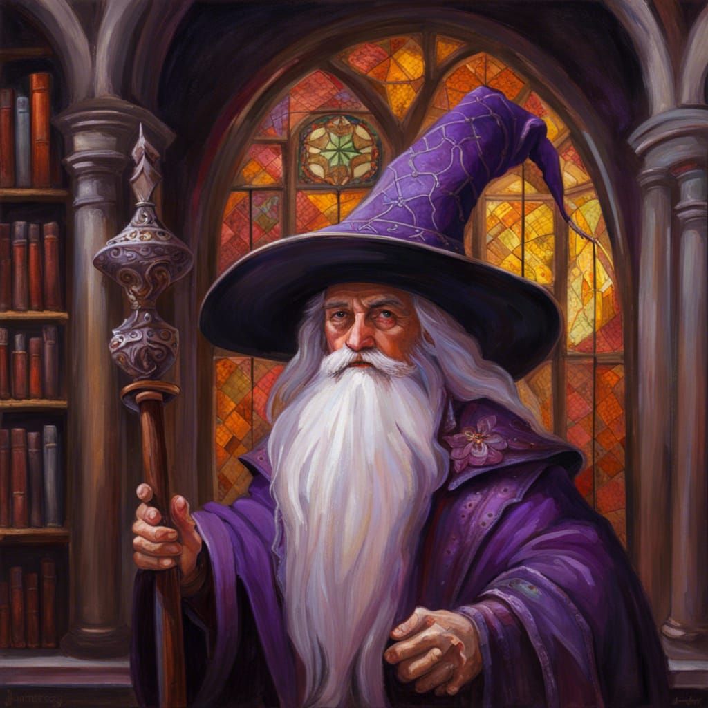 Noble Wizard in Library: Oil Painting Style