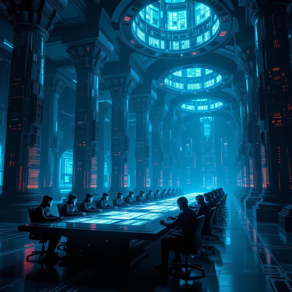 Android Villains Plotting in Cyberpunk PCB Hall