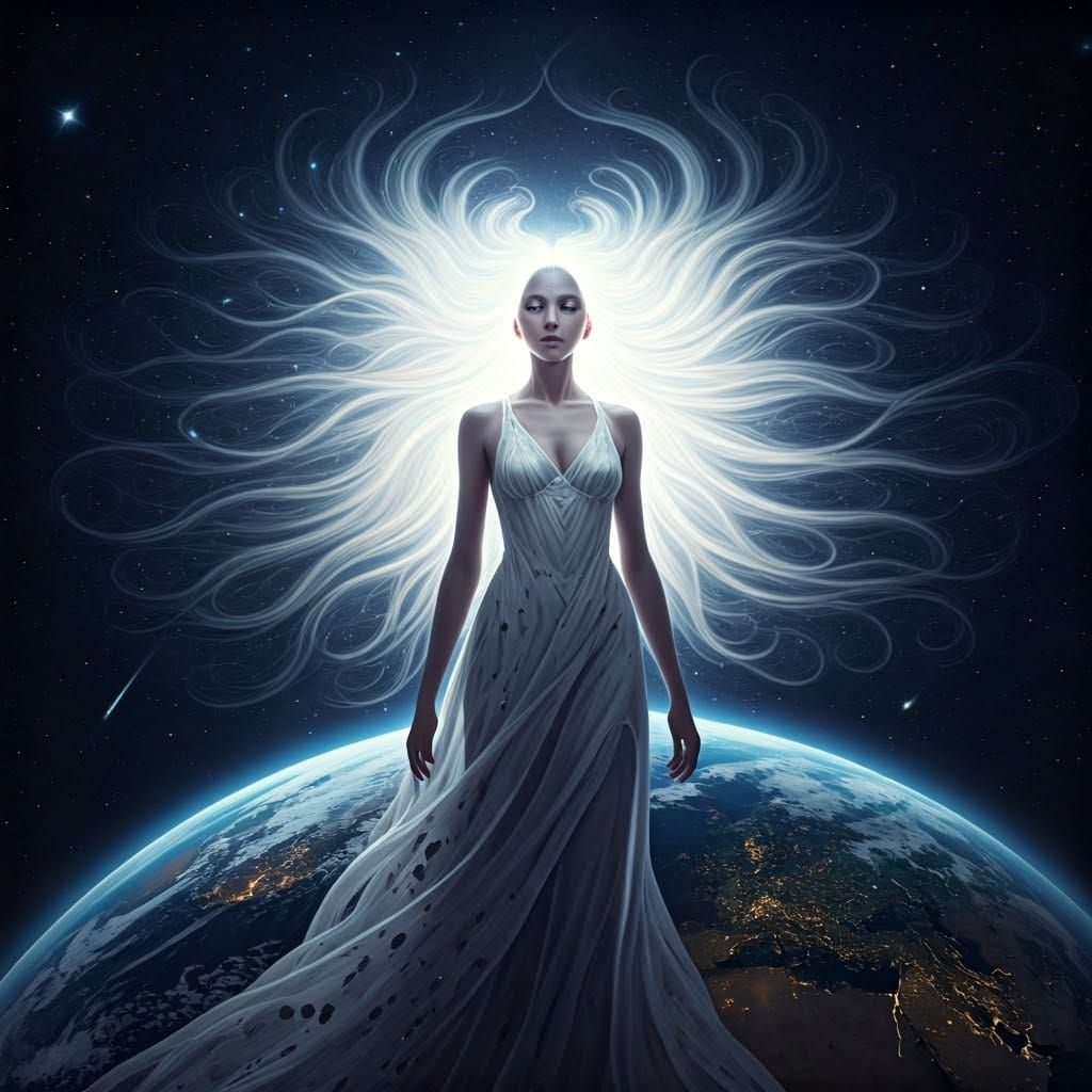 Moon Goddess in a Celestial Landscape with Stars and Earth