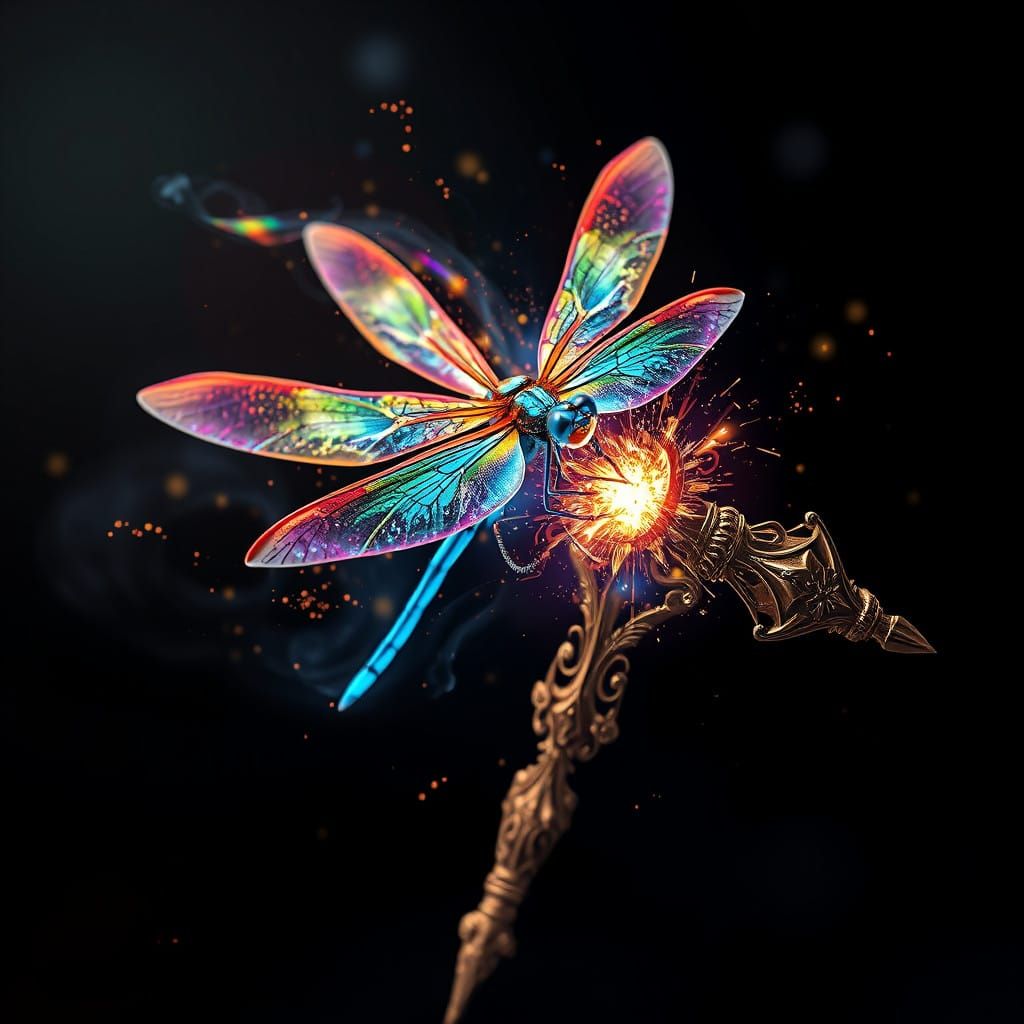 Mystical Dragonfly Emerges from Wand in a Whirlwind of Iride...