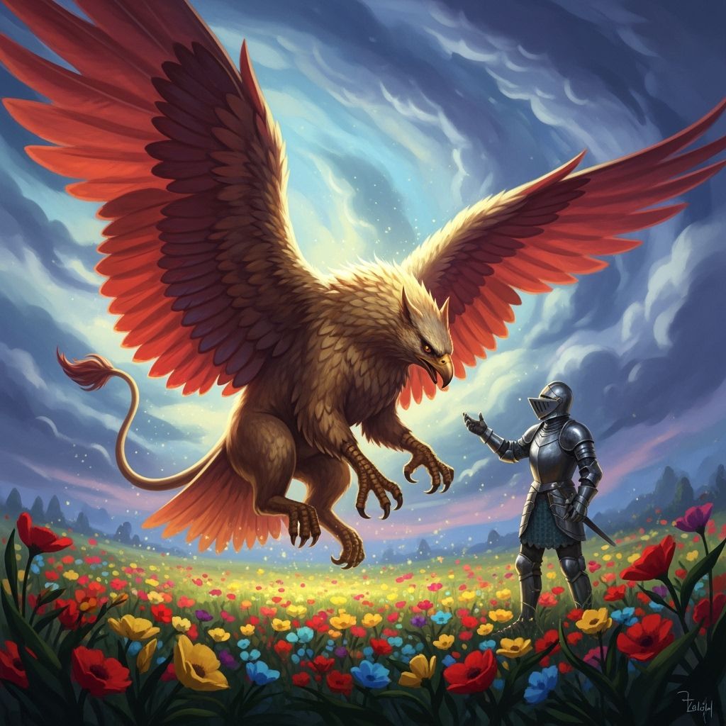 Majestic Griffin Descending into Flower Field in Digital Art