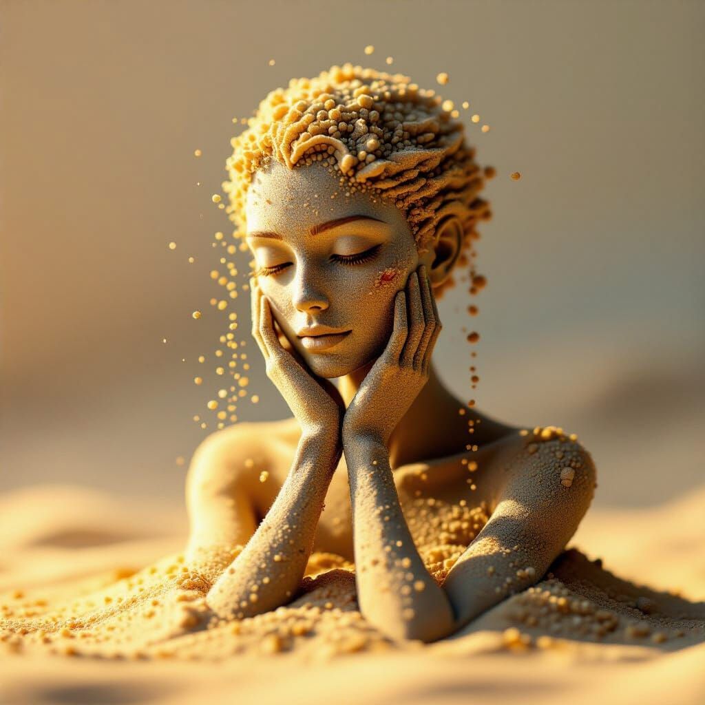 Sand Sculpture Portrait with Cascading Grains