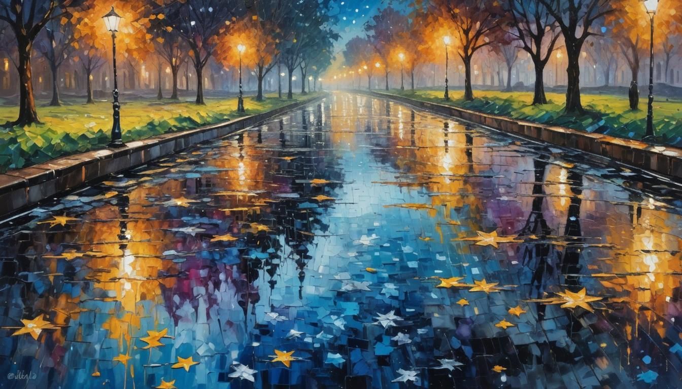 Stars Reflected in Puddles: Expressionist Oil Painting