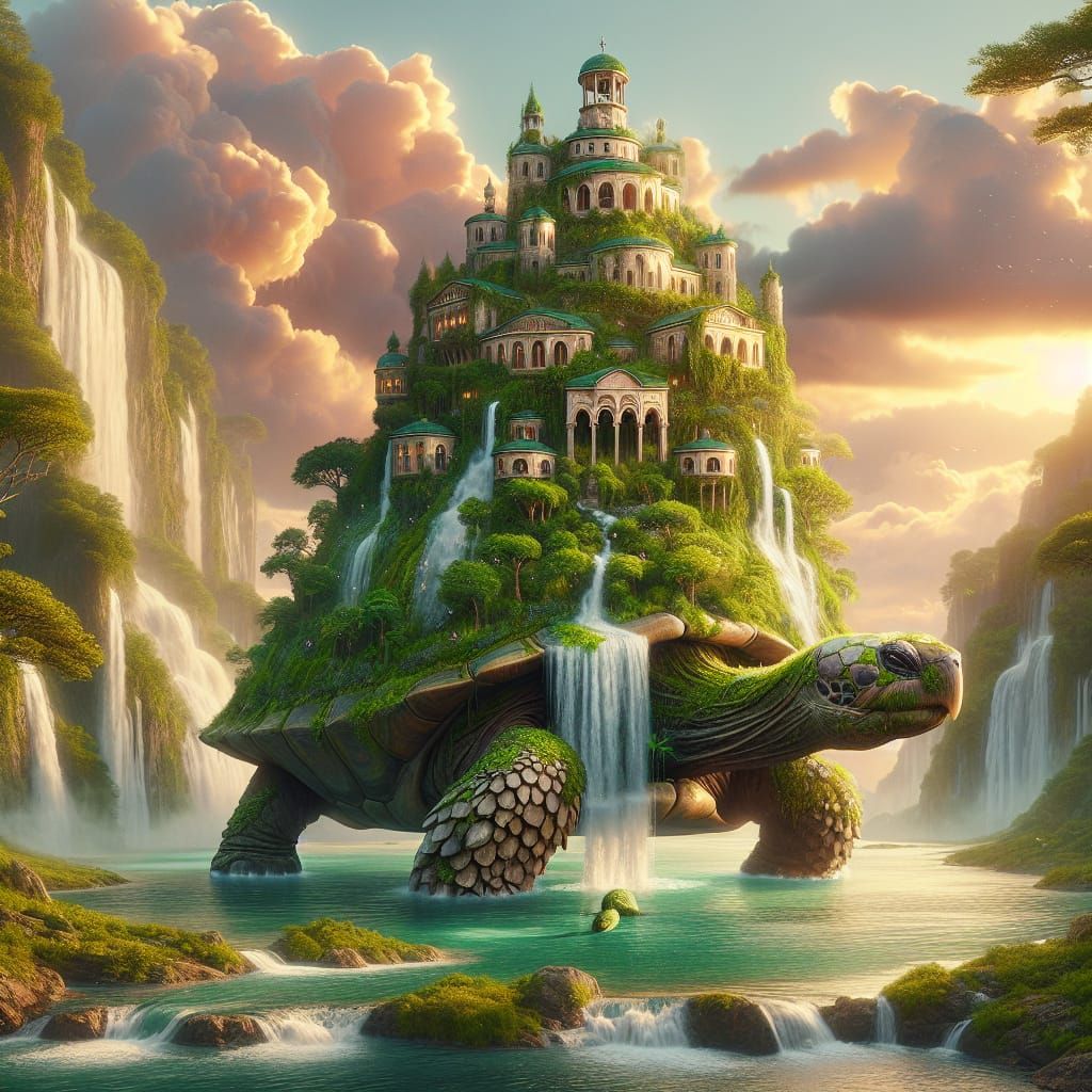 Majestic Tortoise Island with Waterfall Mansion