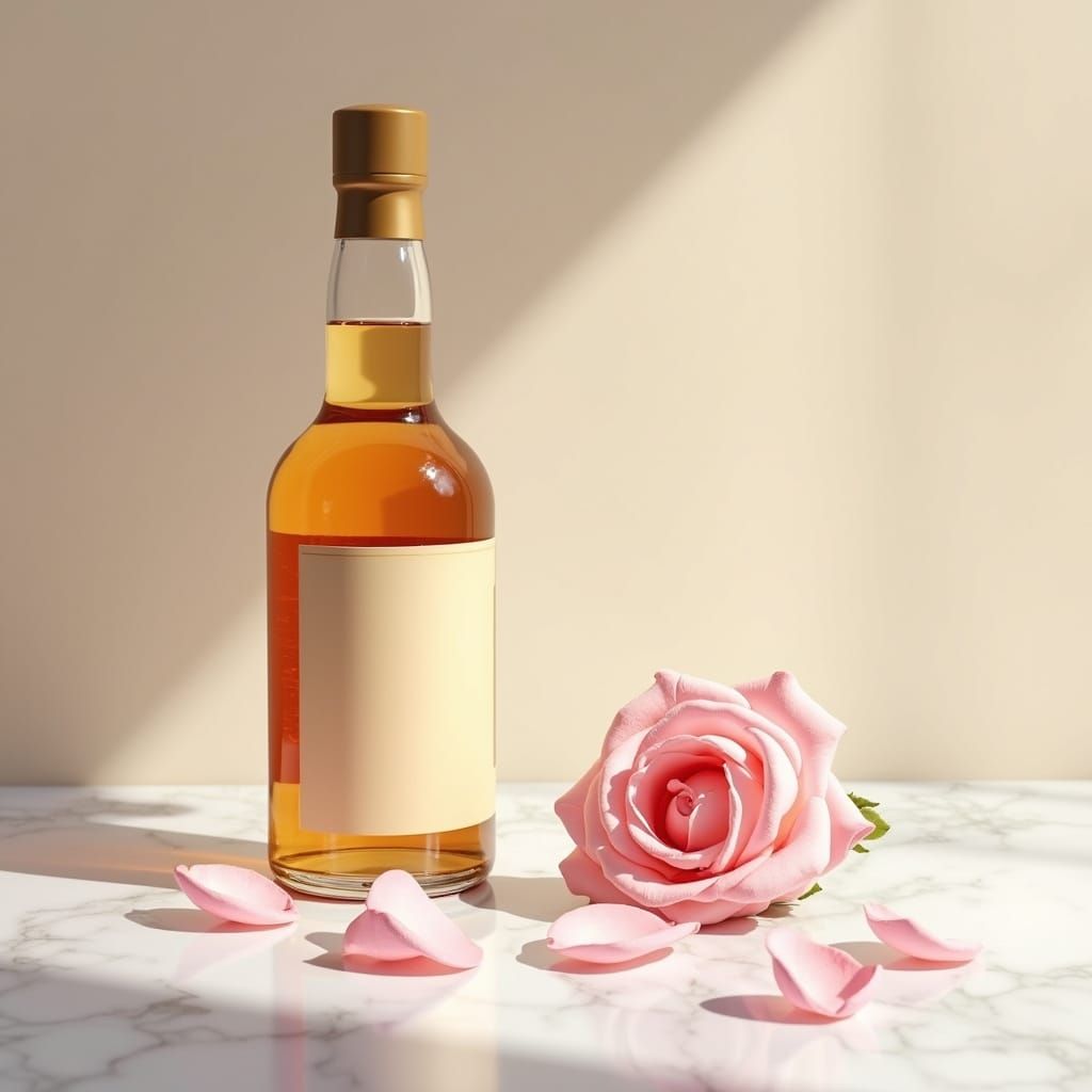 Premium Syrup Bottle with Rose Petals on Marble