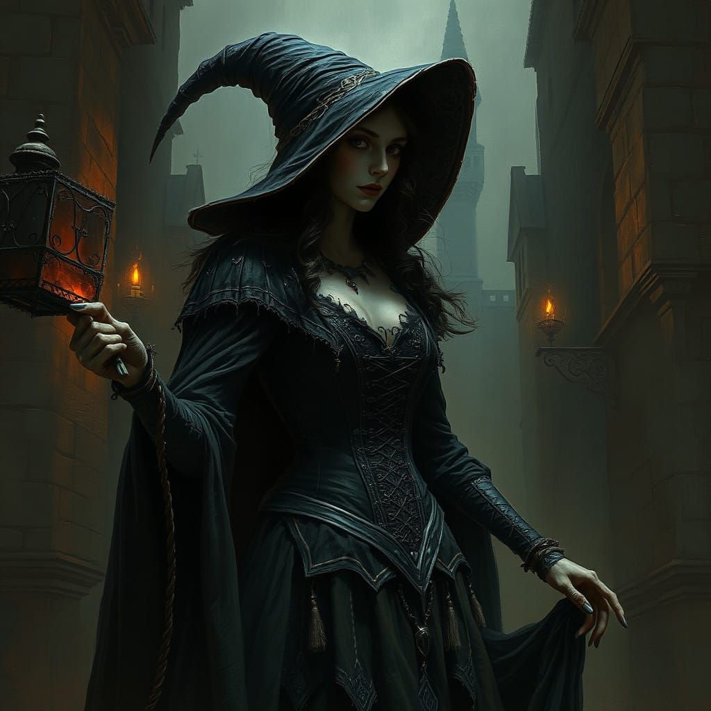 Witch in a Haunted Castle with Dark Gothic Flair