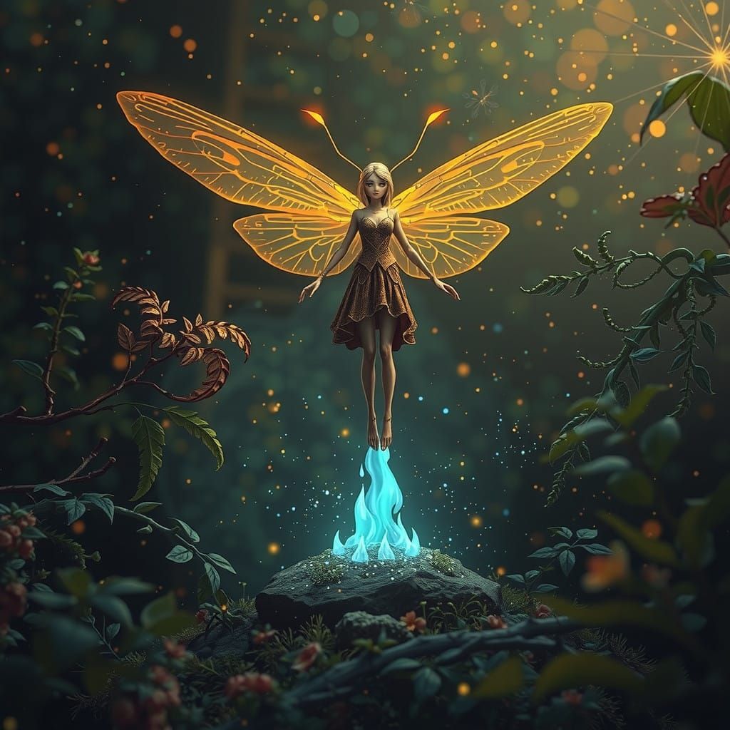 Digital Anime Snowglobe Scene with Enchanting Firefly