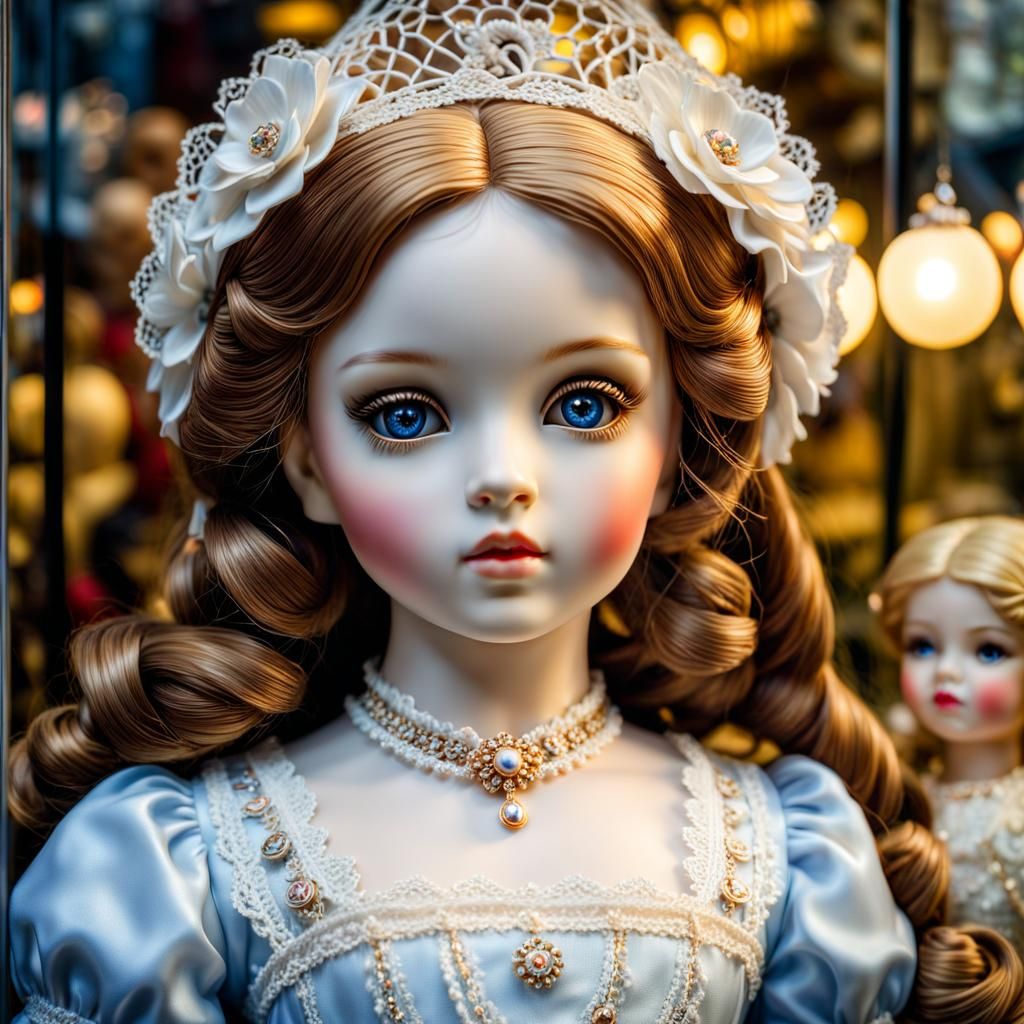Hyperrealistic Porcelain Doll in Toy Shop Window