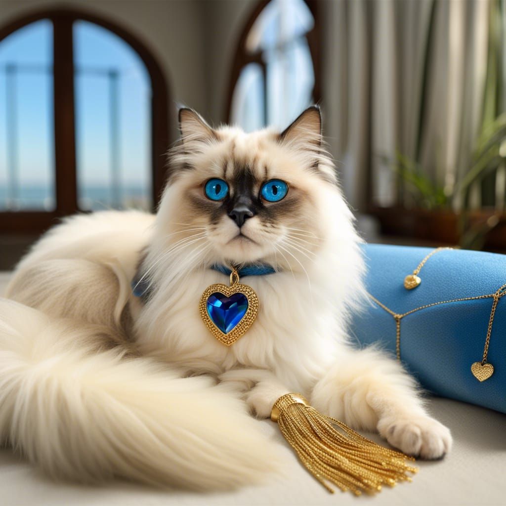Heterochromatic Birman Cat on Velvet Cushion