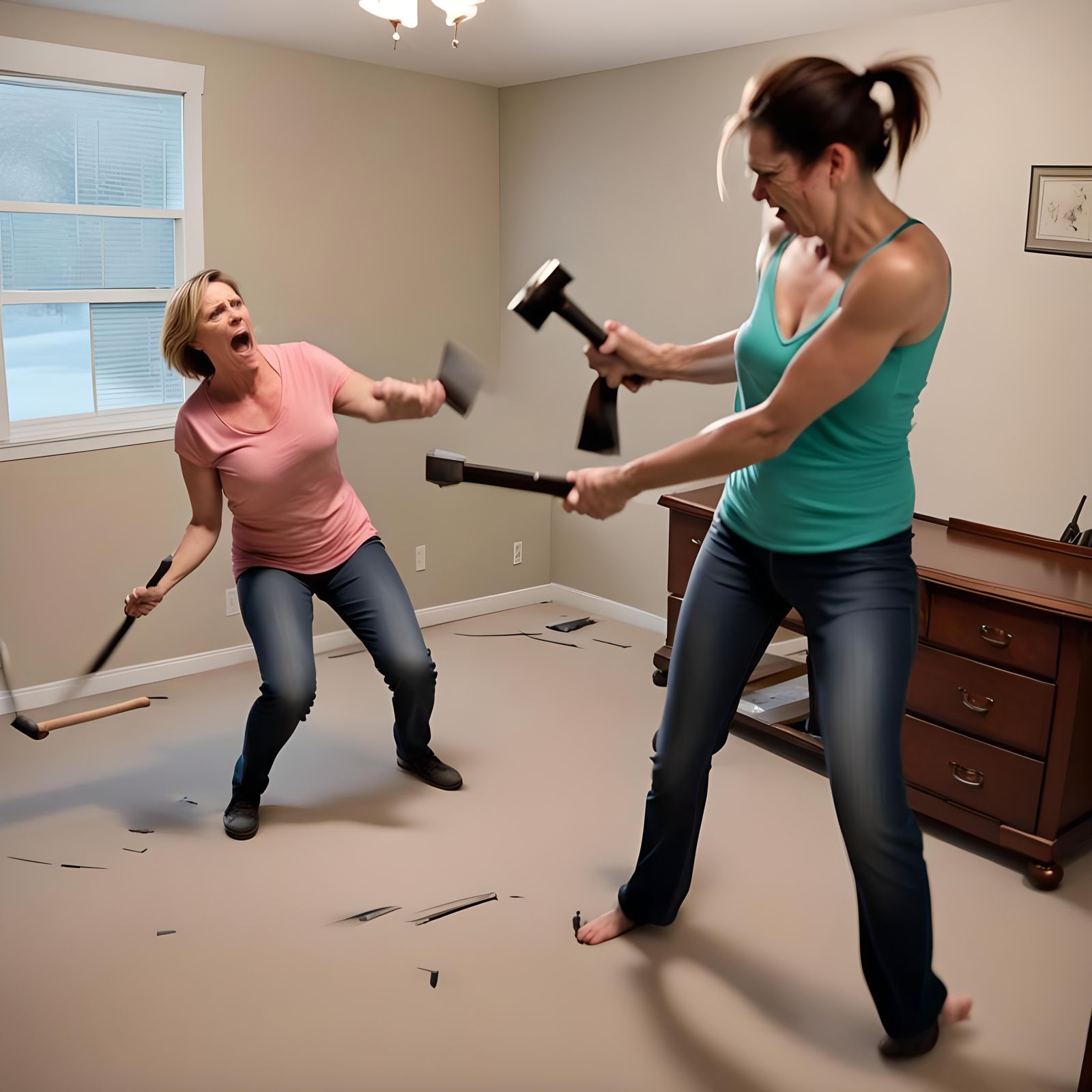 Humorous Domestic Scene: Hammer Mishap