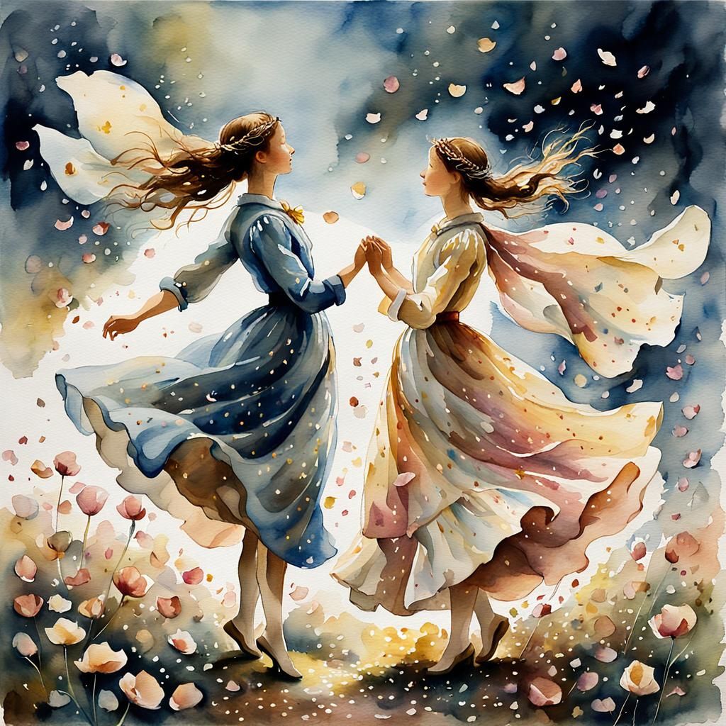 Whimsical Watercolor Scene with Figures Dancing in the Wind