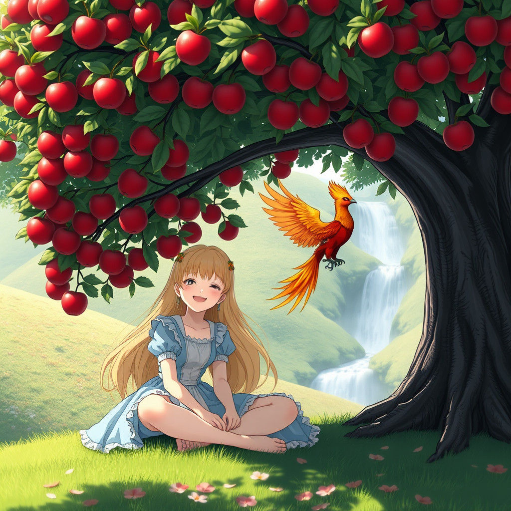Alice in Wonderland with Phoenix by Waterfall