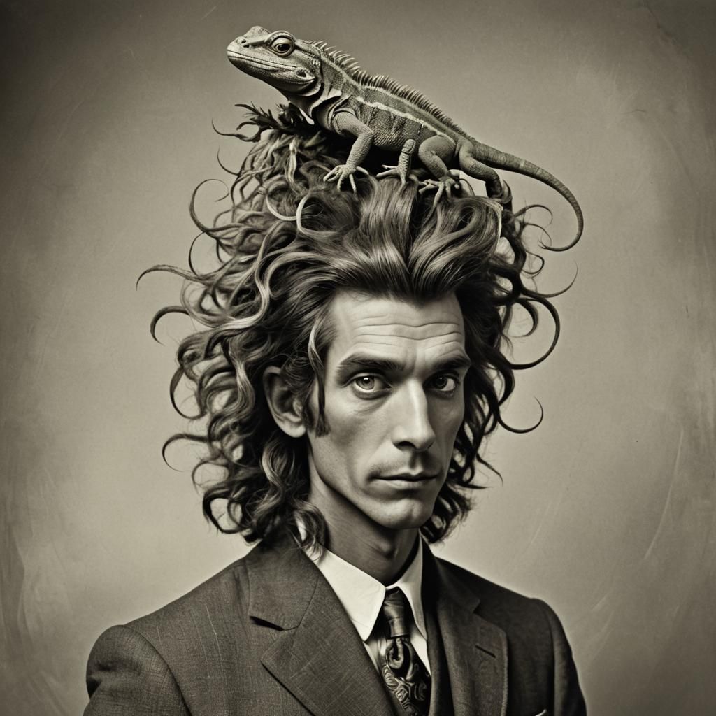 Surreal Portrait of a Man with Lizard Hair