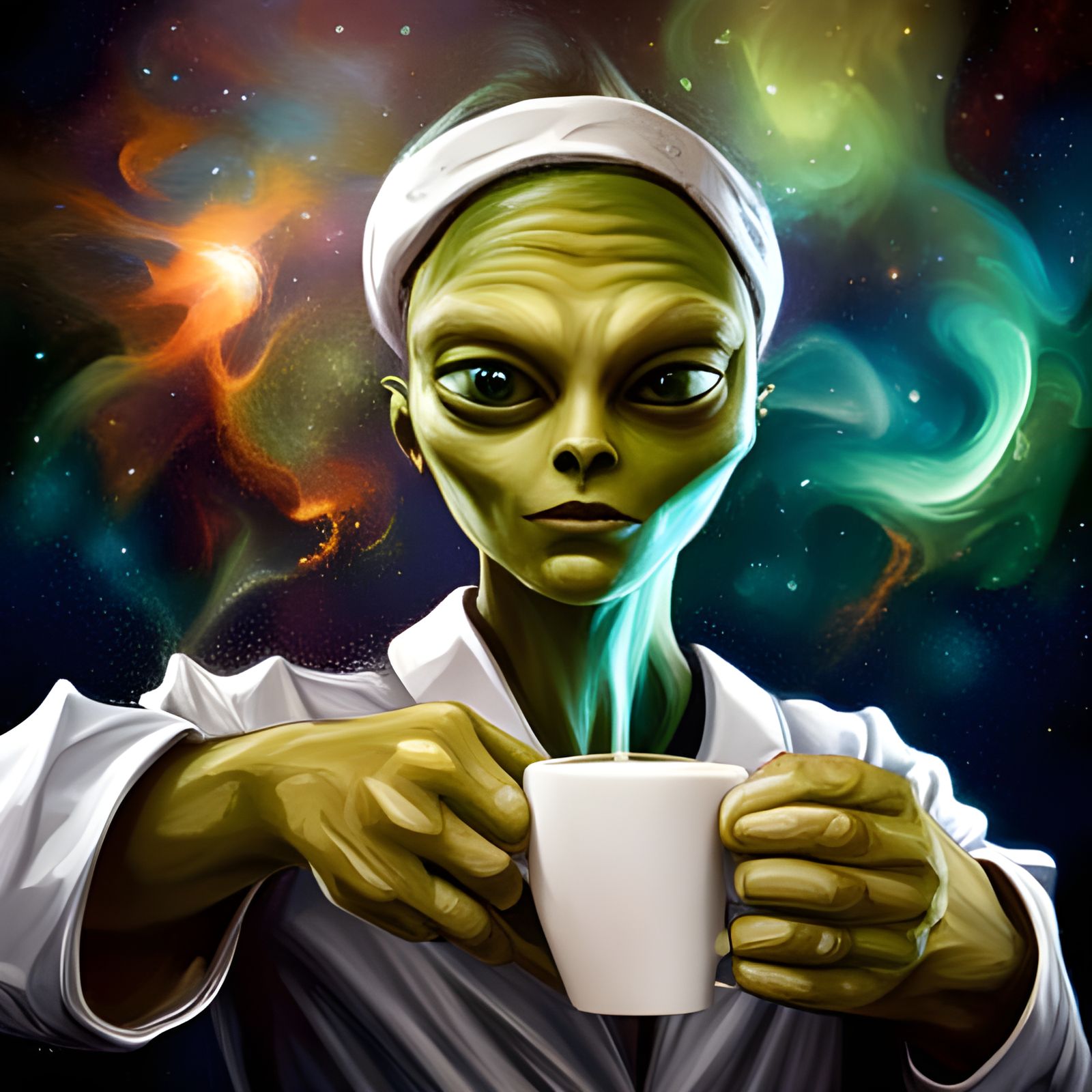 Alien Barista Serving Coffee in Space Art