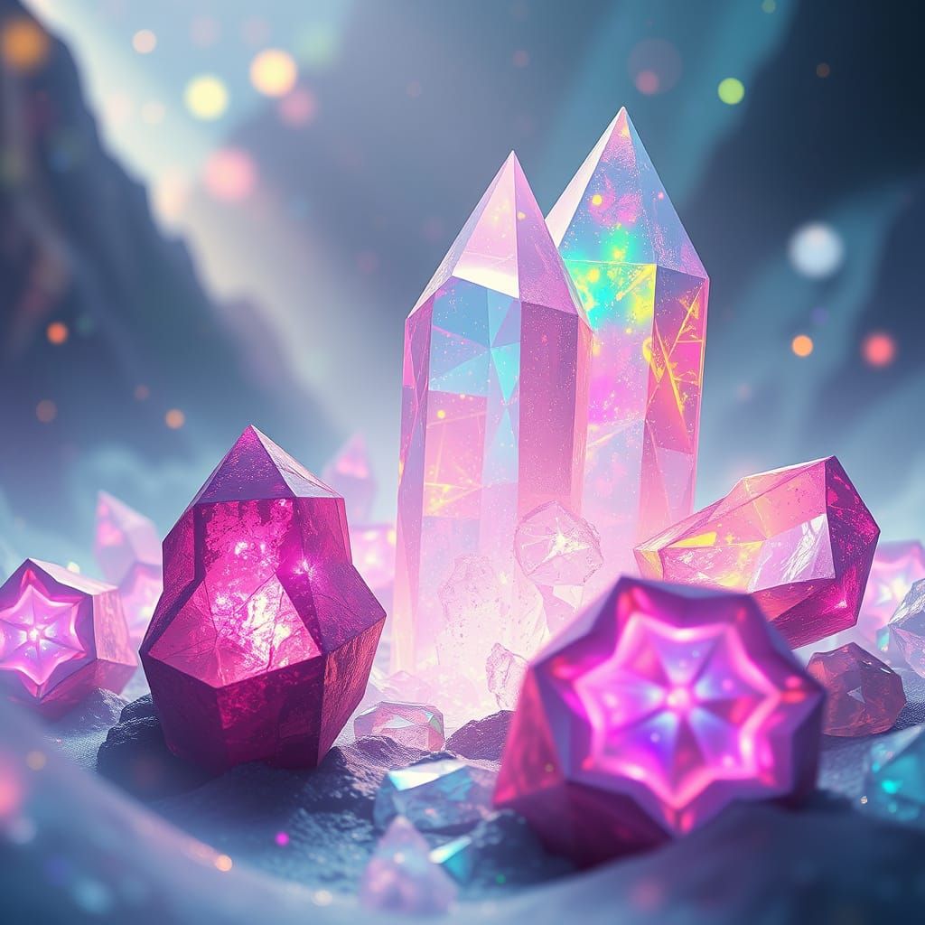 Crystals Radiating Rainbow Light in Dreamlike Landscape