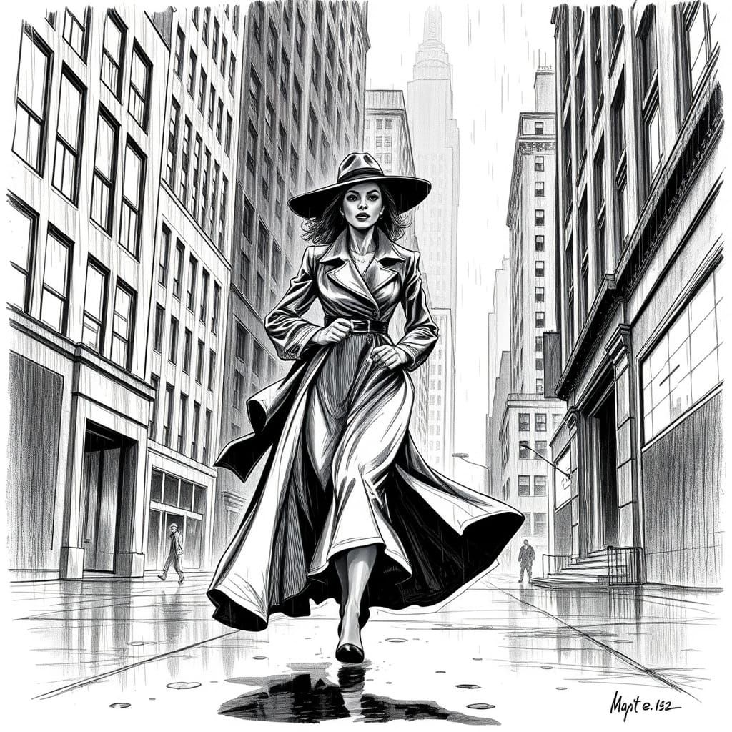 Woman Running Through Rainy City in Sketchy Cross-Hatch Styl...