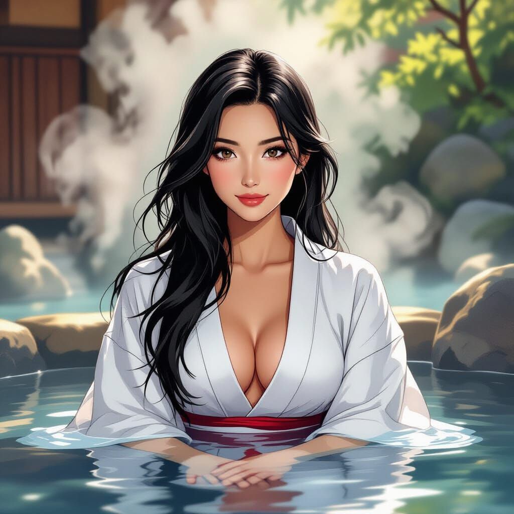 Japanese Woman Enjoys Onsen in Bold Comic Art Style