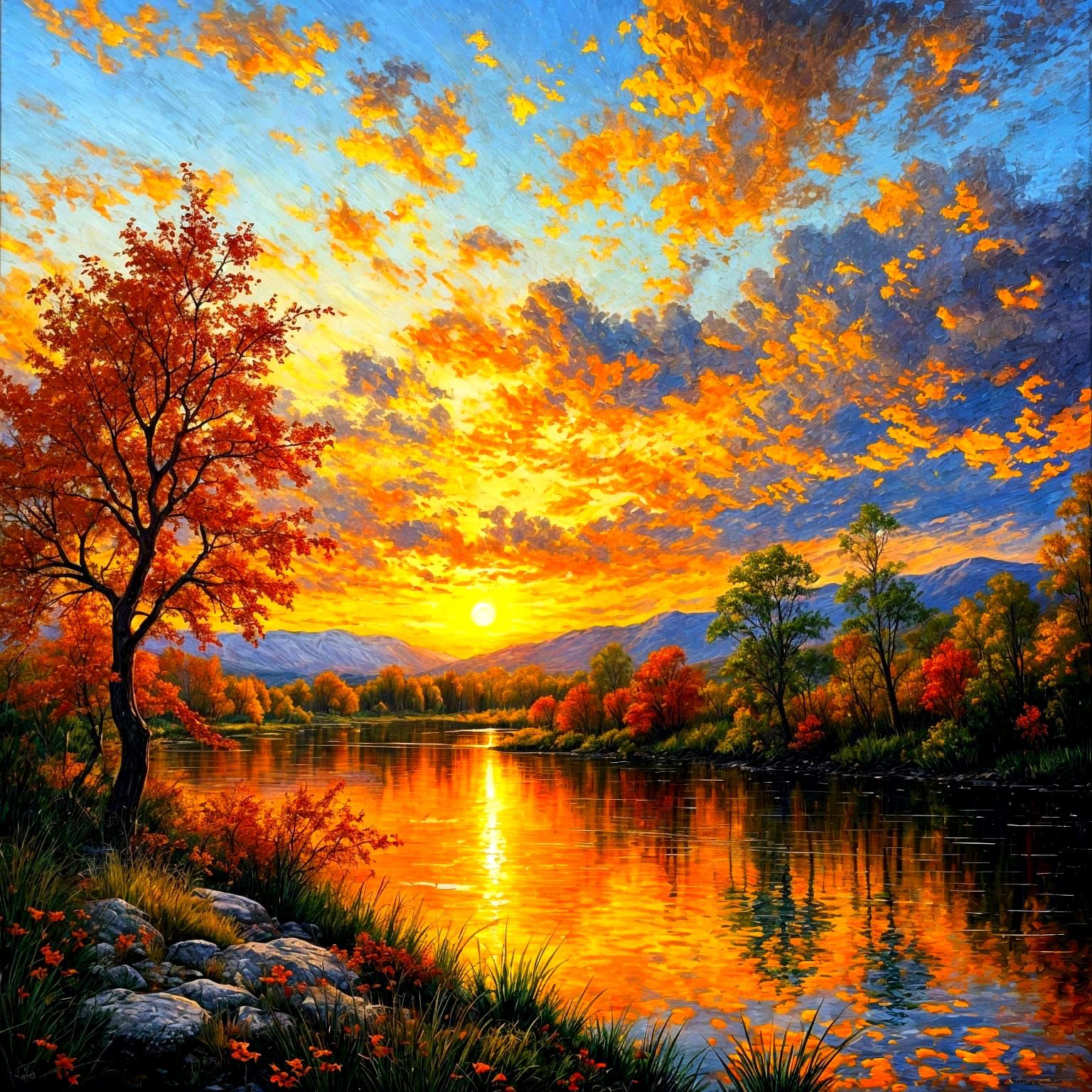 Autumn Sunset River Reflection Painting