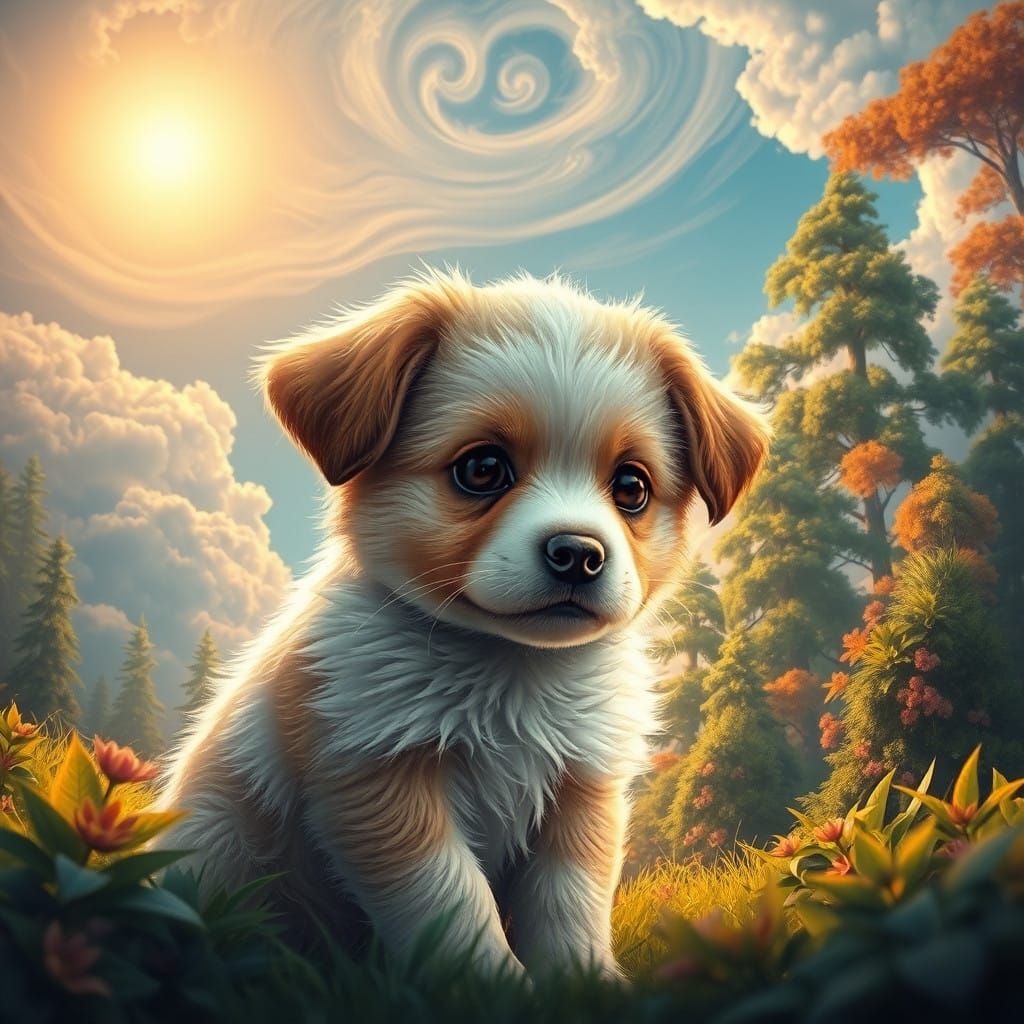 Whimsical Puppy in Enchanted Forest
