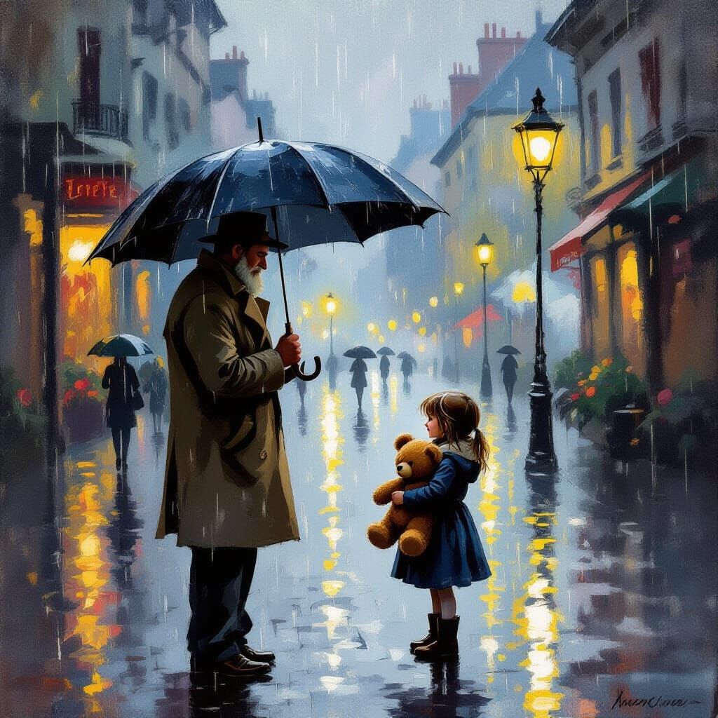 Kind Gentleman Shares Umbrella with Girl in Rainy Impression...