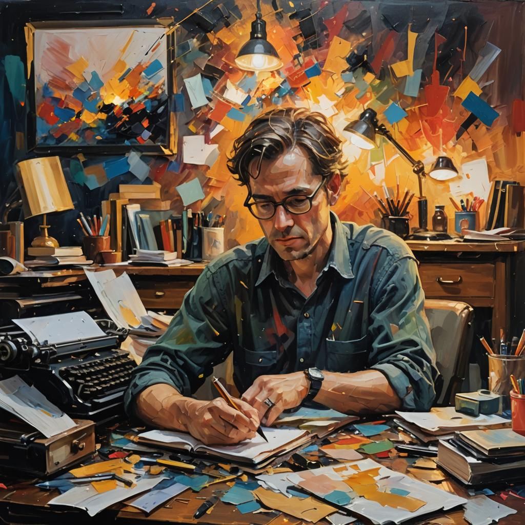Abstract Oil Painting of Writer at Desk