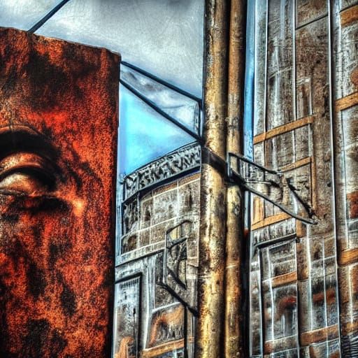 Surreal Iron Sculpture in Urban Ruins