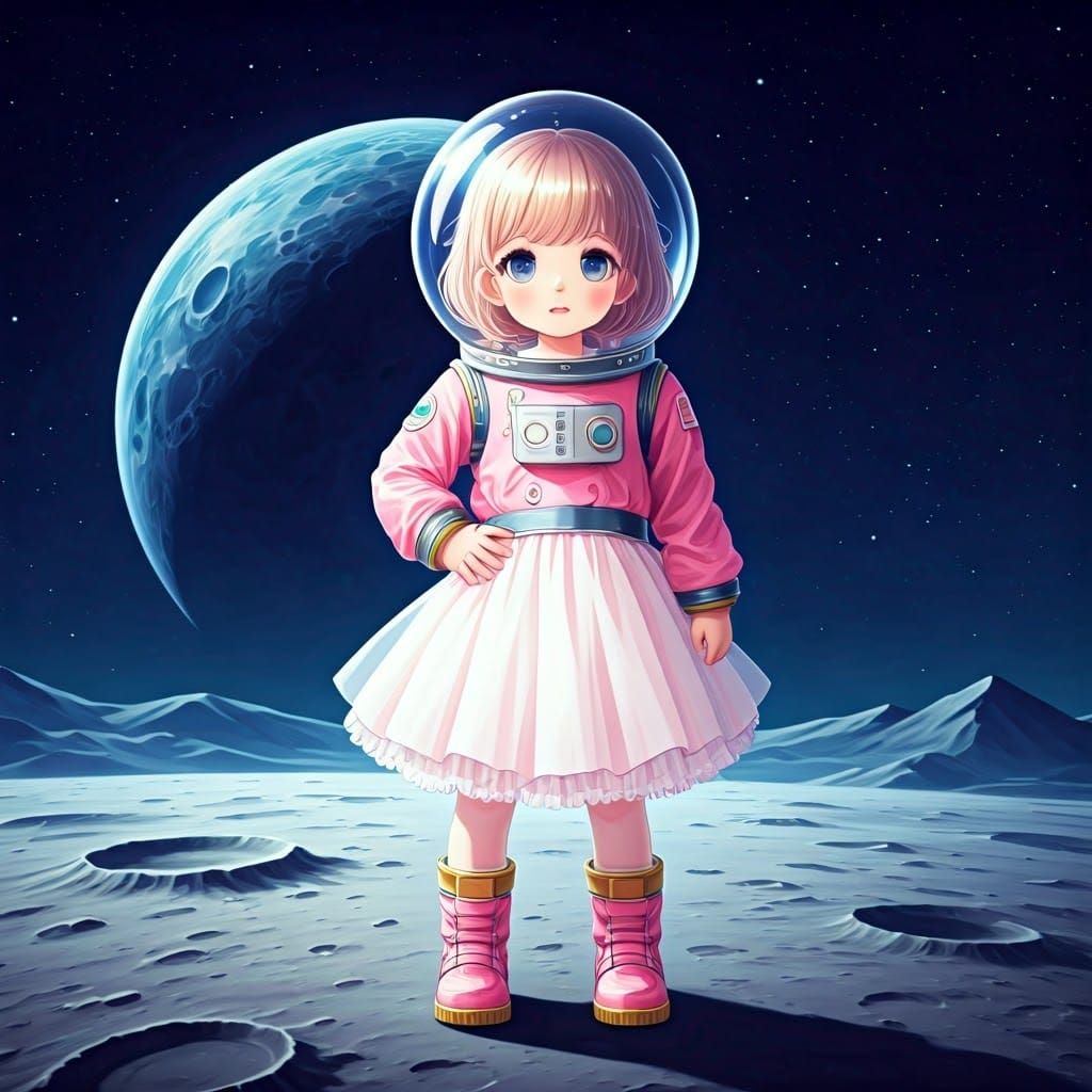 Confident Little Astronaut Girl Stands Tall on the Moon