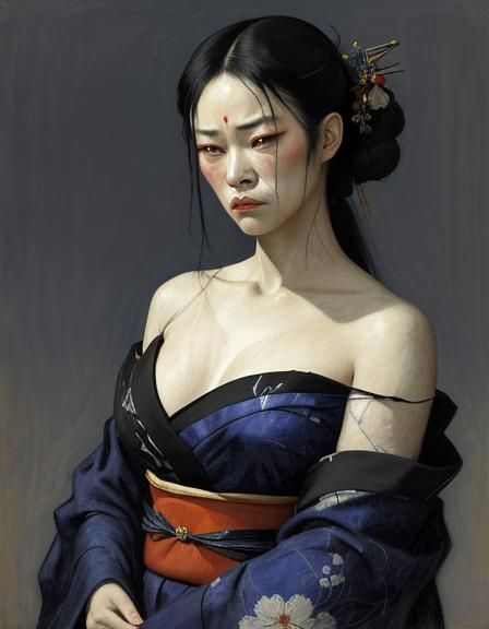 Defiant Geisha Portrait in Dramatic Emotional Style
