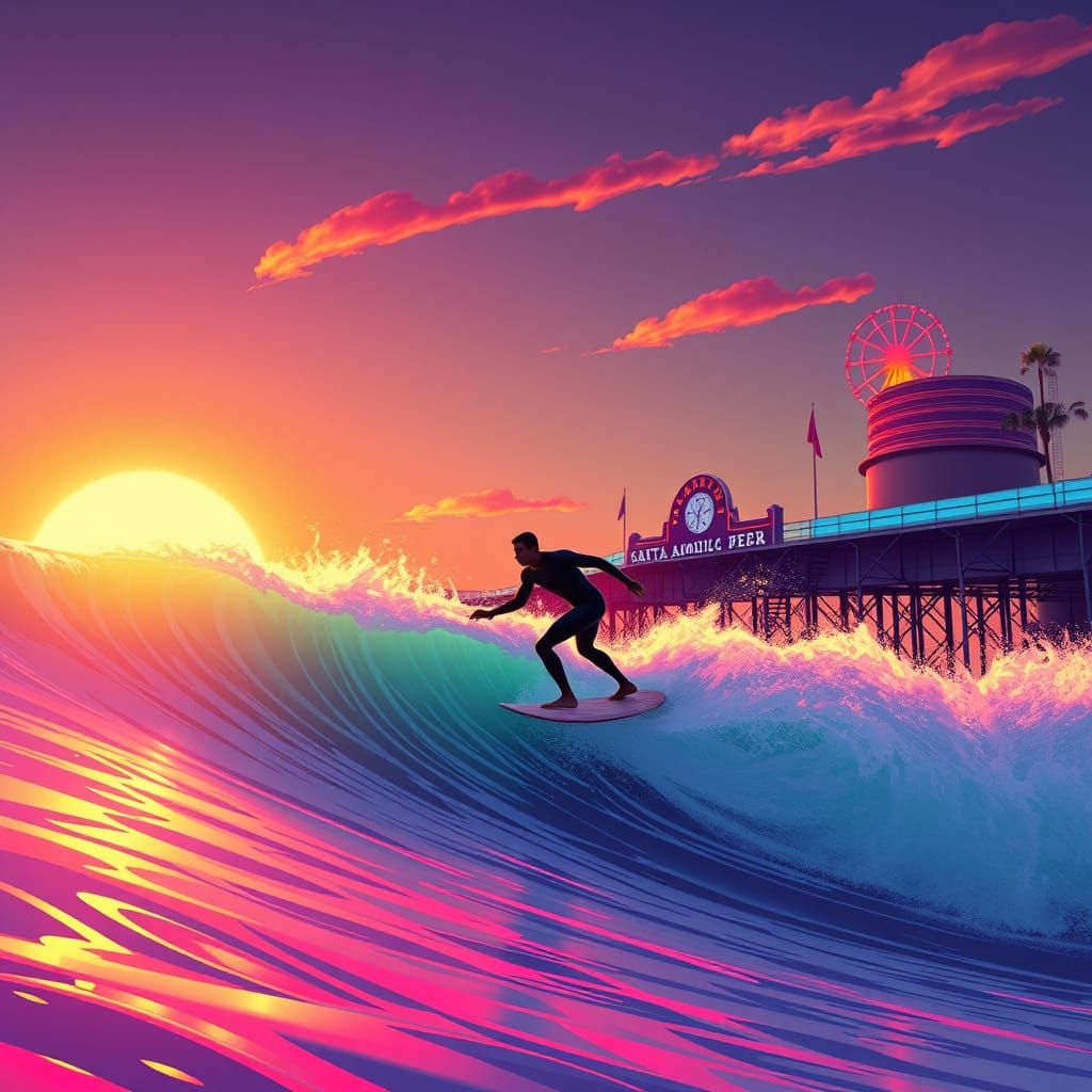 Surfer Rides Sunset Wave near Santa Monica Pier