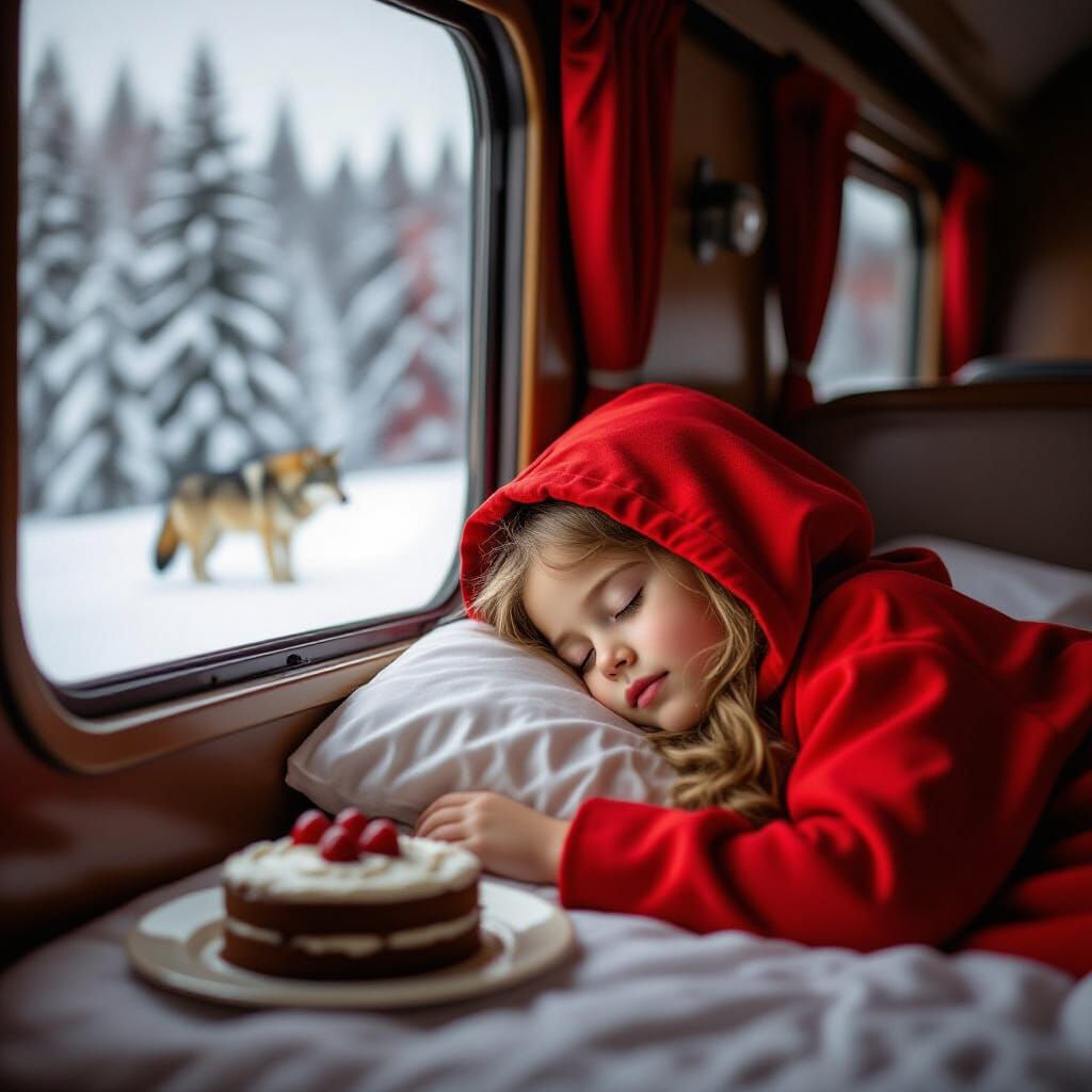 Girl in Red Hood Sleeping on Train