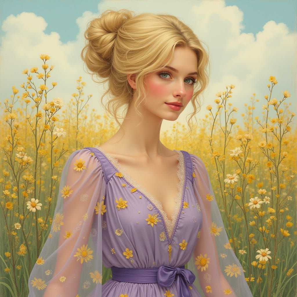 Smiling Blonde Woman in Sunny Spring Meadow