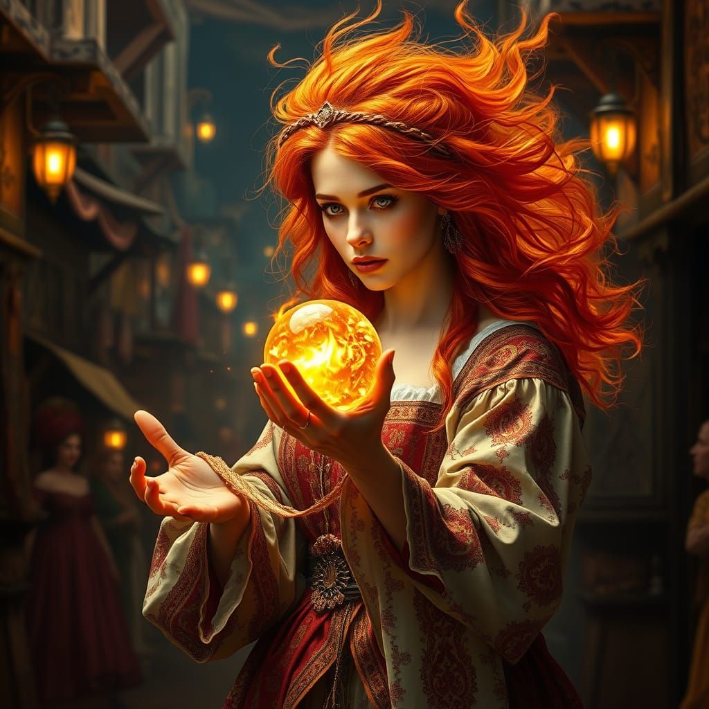 Mystical Renaissance Woman Juggles Blazing Crystal Orb