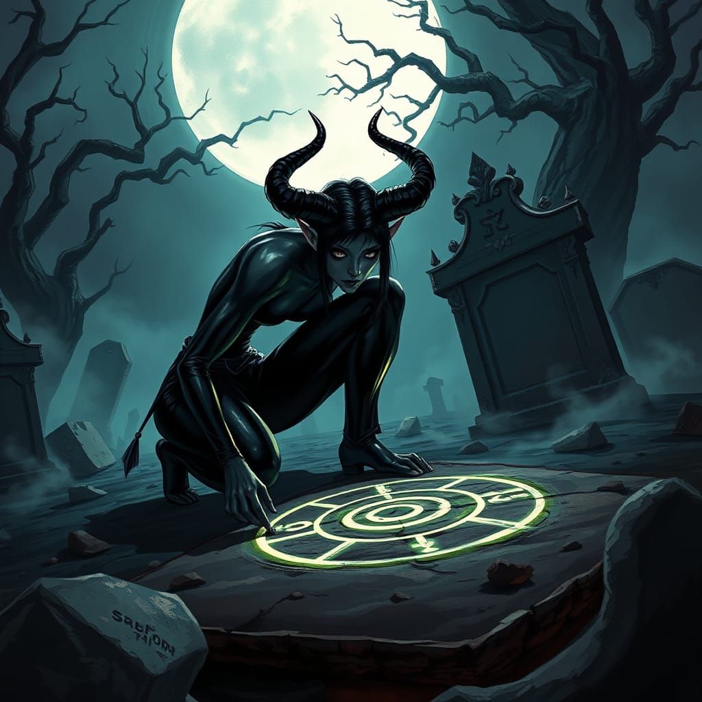 Mystical Imp Drawing Rune in Cemetery: Anime Style