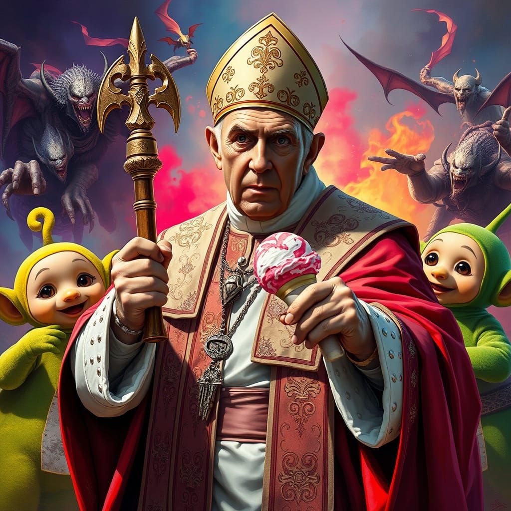 Pope and Teletubbies Battle Demons in Hyperrealistic Style