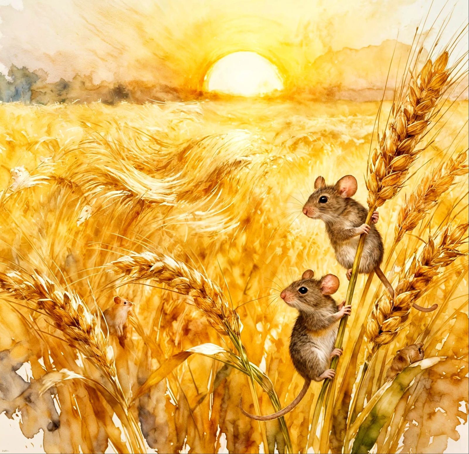 Adorable Mice in Sunlit Wheatfield, Watercolour Style