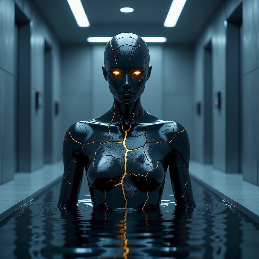 Futuristic Obsidian Humanoid in High-Tech Environment