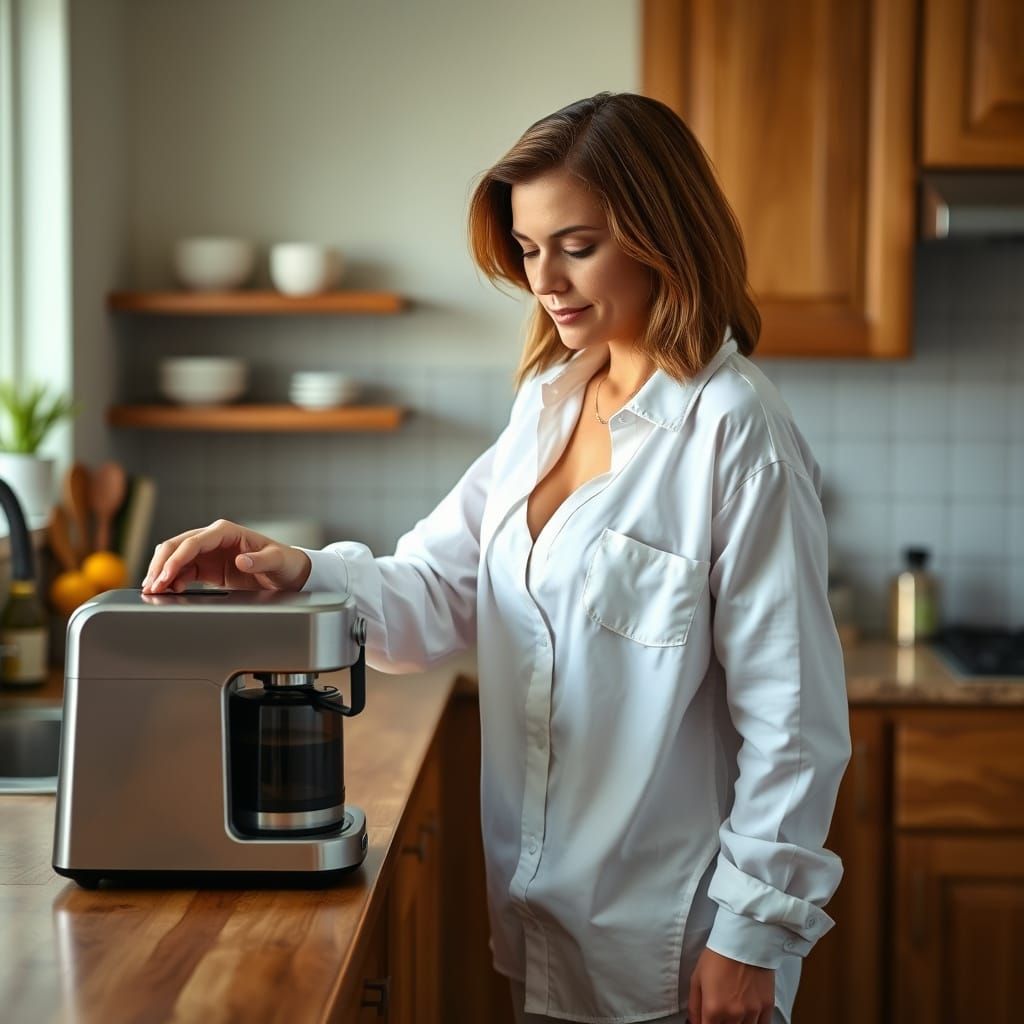 Suburban Woman Prepares Coffee in Kitchen