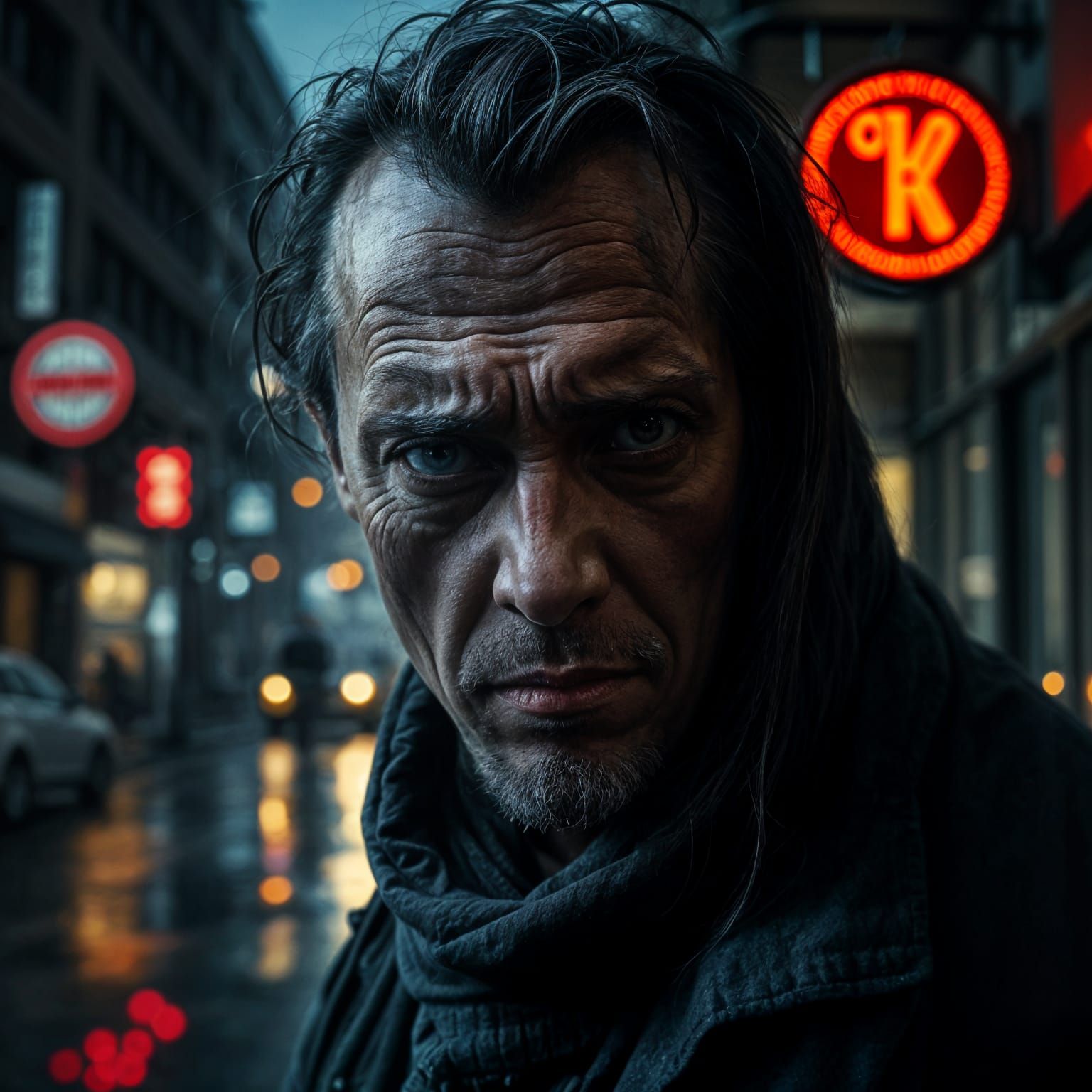 Moody Cityscape with a Weary Figure